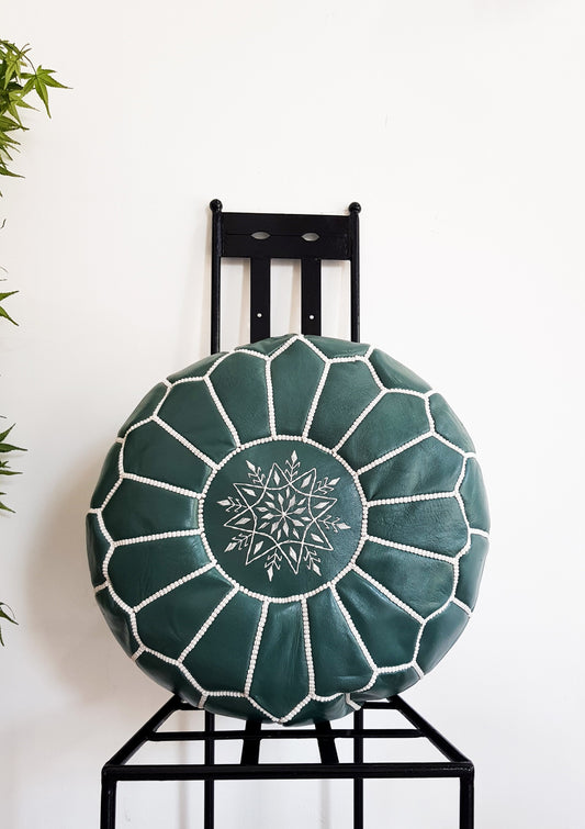 GREEN LEATHER POUF